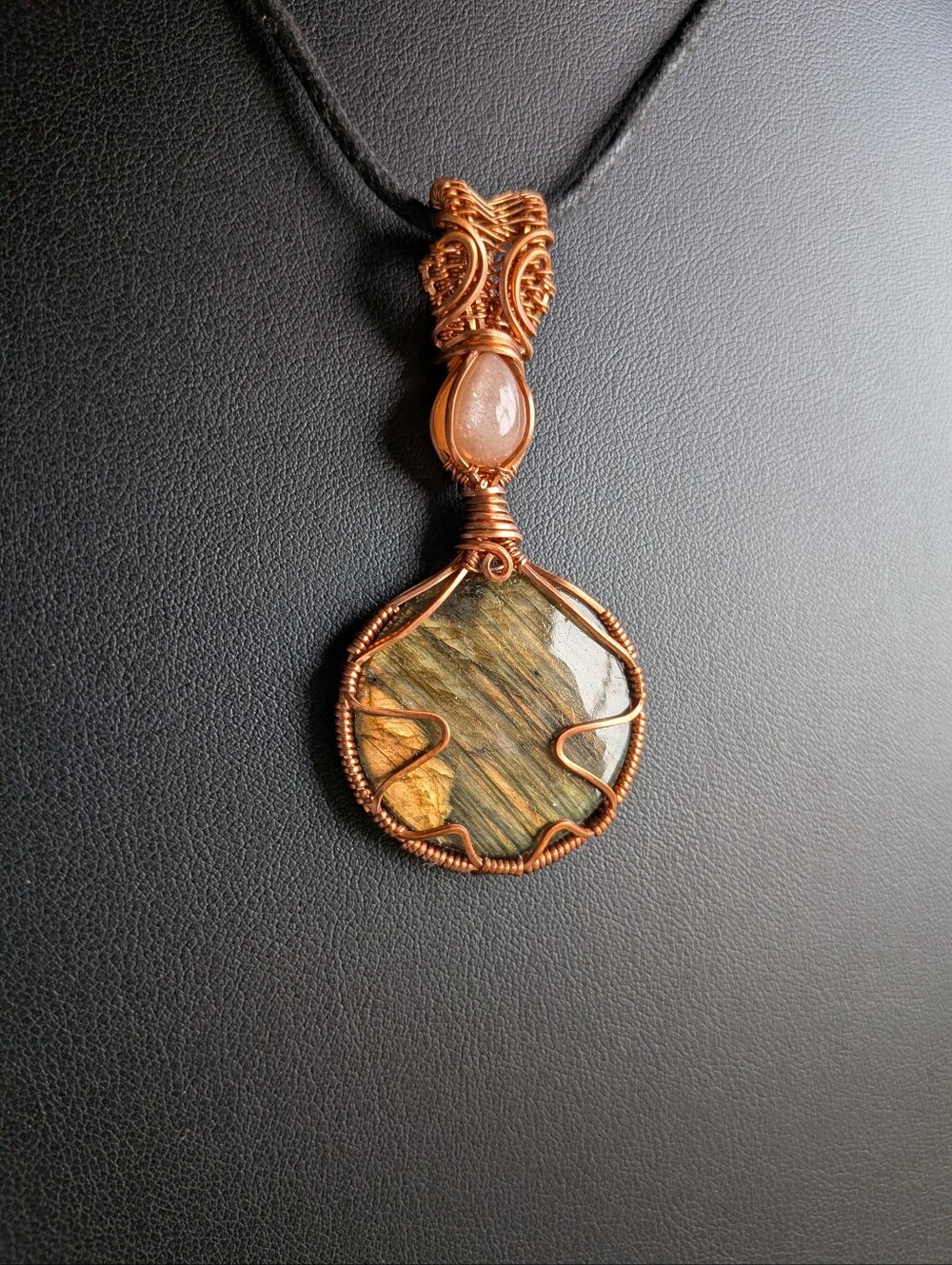 Artisan-Pendant Necklace-Peach Moonstone-Golden Labradorite Cabochon-Copper